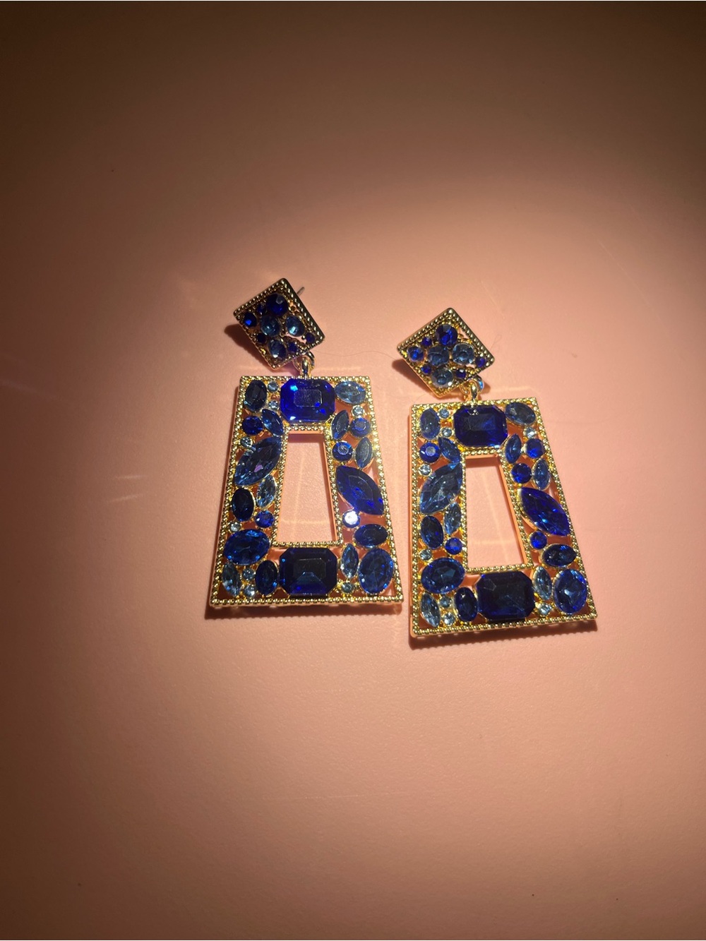 Blue Rhinestone Statement Drop Earrings Gold Tone